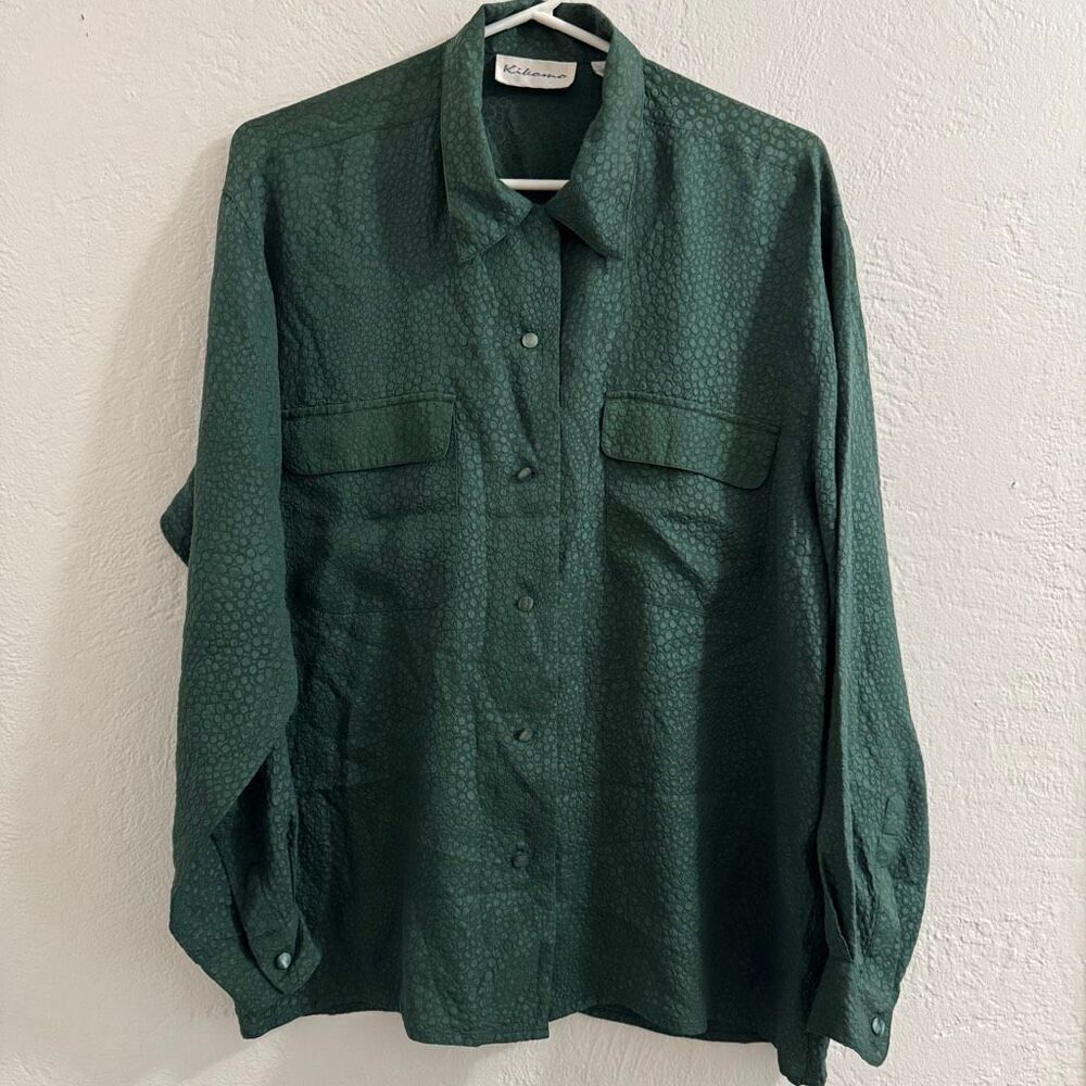 Vintage Kikomo Pebbled Green Silk Button Down M